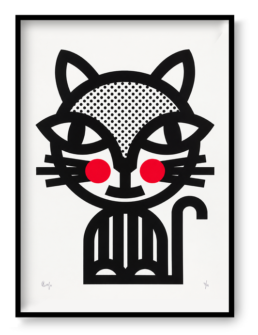 Black Cat by PLUMO, vertical A3 hand-pulled screenprint featuring a graphic black cat with dotted details and bright red cheeks, bold wall art for modern home decor.