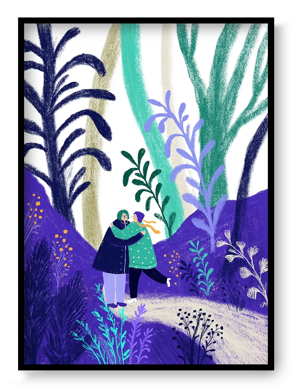 Colourful digital art print by Belgian illustrator Louise de Meester, featuring two people hugging in a dreamy, lush forest setting with purple and green foliage – 21x29.7 cm, perfect for adding warmth and love to your home.