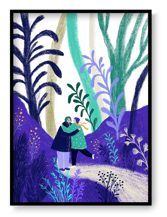 Colourful digital art print by Belgian illustrator Louise de Meester, featuring two people hugging in a dreamy, lush forest setting with purple and green foliage – 21x29.7 cm, perfect for adding warmth and love to your home.