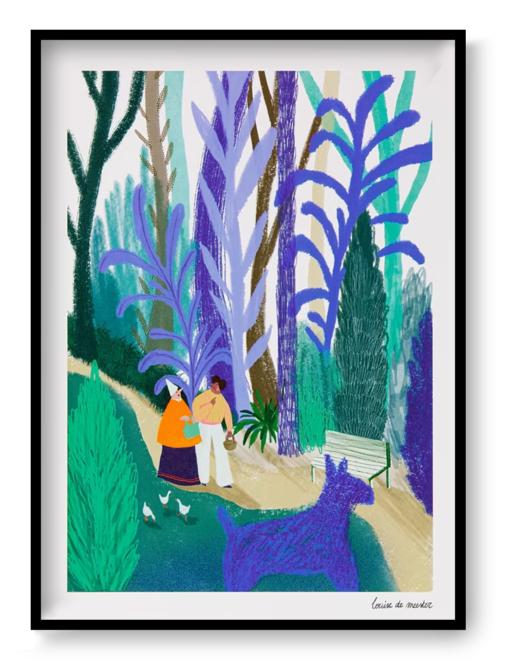 Digital art print "Blauwe Wandeling" by Louise de Meester, featuring two people walking in a lush, colorful park with large blue plants and a playful blue dog. Ideal for whimsical and nature-inspired home decor.