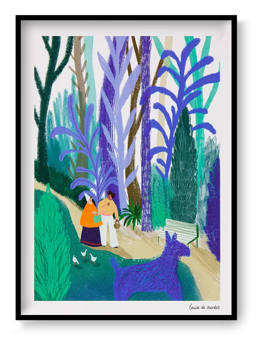 Digital art print "Blauwe Wandeling" by Louise de Meester, featuring two people walking in a lush, colorful park with large blue plants and a playful blue dog. Ideal for whimsical and nature-inspired home decor.