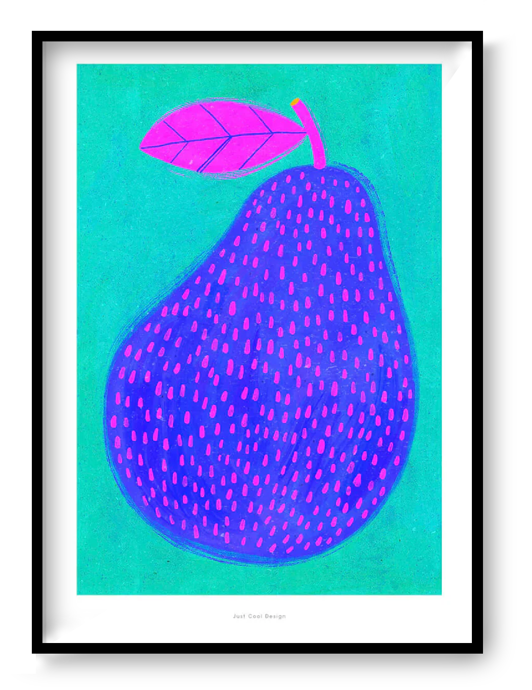 Vibrant giclée art print of a stylized blue-purple pear with pink dots and a bright magenta leaf, set against a turquoise background; bold, modern fruit illustration by Just Cool Design
