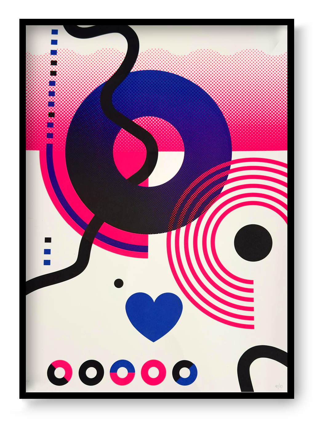 Limited edition Circles & Hearts screen print by PLUMO, 50x70 cm hand-pulled silkscreen on 300g art paper featuring bold geometric circles, halftone gradients, flowing black lines and heart motif in vibrant red, pink and blue colour variations, modern contemporary wall art for design interiors in Belgium and Europe.