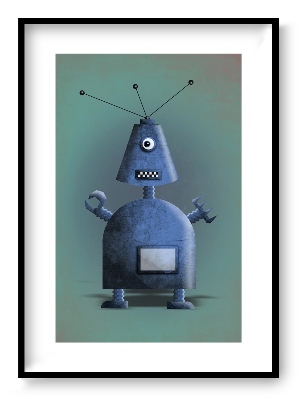 Blue Robot by Studio Frits – whimsical retro-style robot illustration with antennas and claw hands, digital art print for kids’ rooms or modern decor, available at Galerie Frits