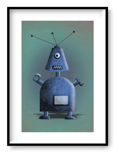 Blue Robot by Studio Frits – whimsical retro-style robot illustration with antennas and claw hands, digital art print for kids’ rooms or modern decor, available at Galerie Frits