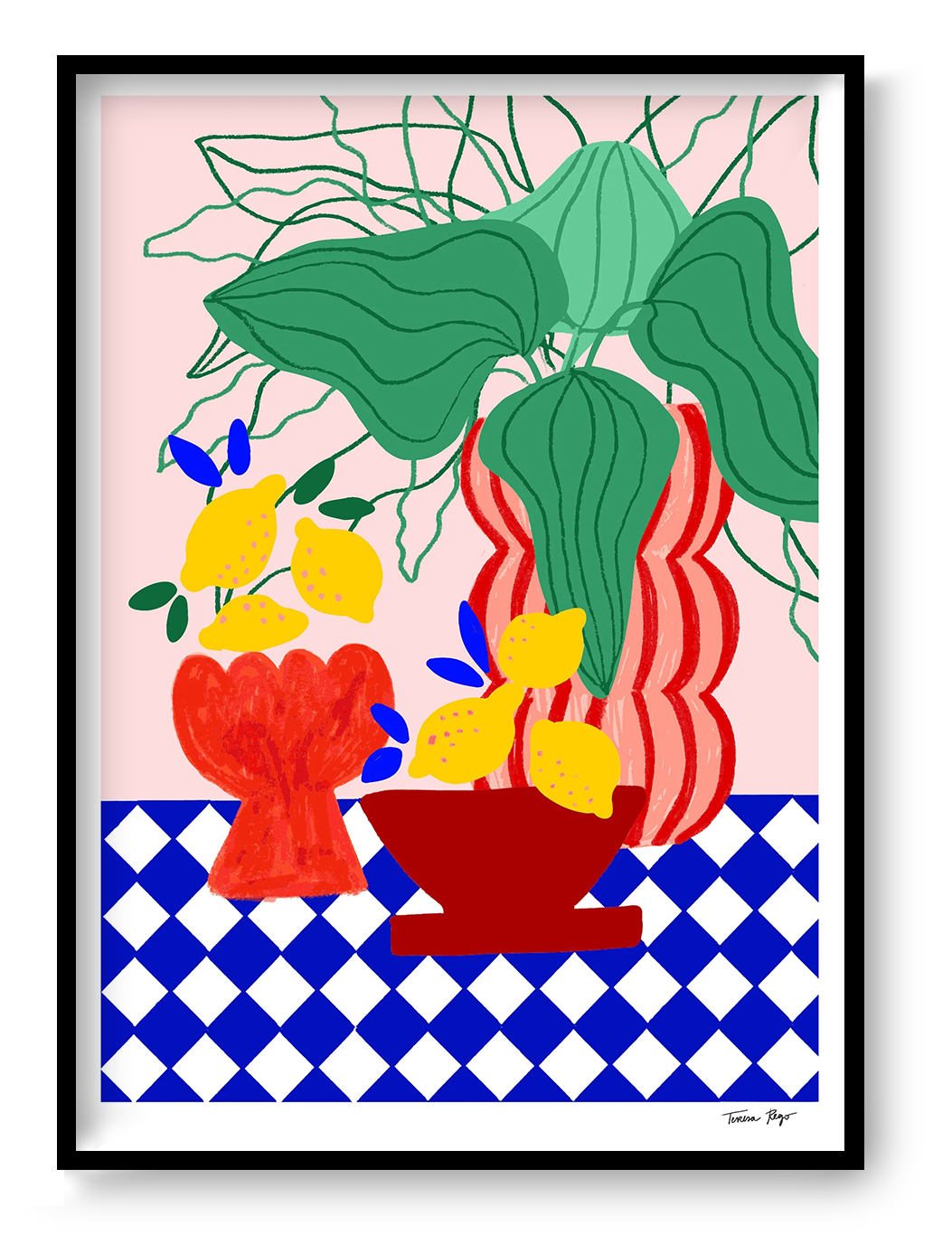 Vertical giclée art print by Teresa Rego featuring yellow lemons, green leaves, sculptural vases and blue-and-white Portuguese tiles in a bold contemporary style.
