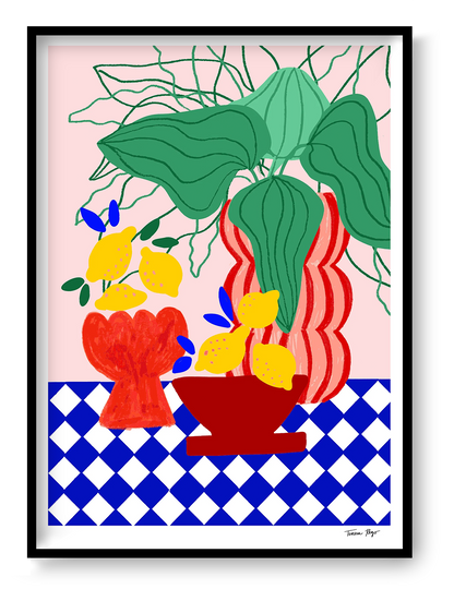 Vertical giclée art print by Teresa Rego featuring yellow lemons, green leaves, sculptural vases and blue-and-white Portuguese tiles in a bold contemporary style.