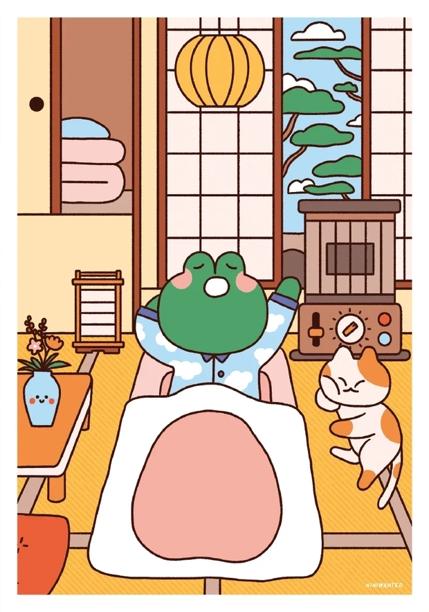 Bobby in Bed by Niniwanted, a colorful A5 digital art print featuring a cute green frog tucked into bed beside a playful cat in a Japanese-style bedroom. Kawaii wall art in soft pastel colors.