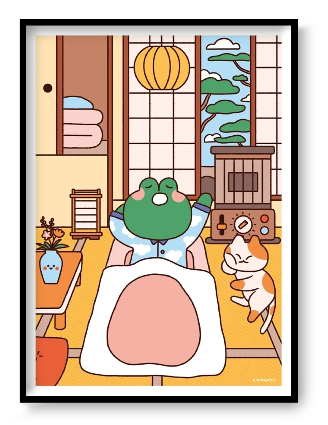 Bobby in Bed by Niniwanted, a colorful A5 digital art print featuring a cute green frog tucked into bed beside a playful cat in a Japanese-style bedroom. Kawaii wall art in soft pastel colors.