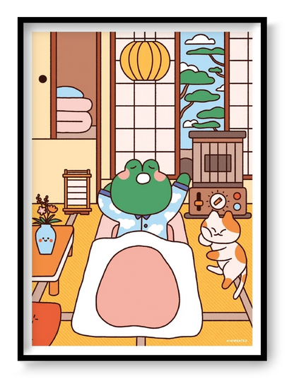 Bobby in Bed by Niniwanted, a colorful A5 digital art print featuring a cute green frog tucked into bed beside a playful cat in a Japanese-style bedroom. Kawaii wall art in soft pastel colors.
