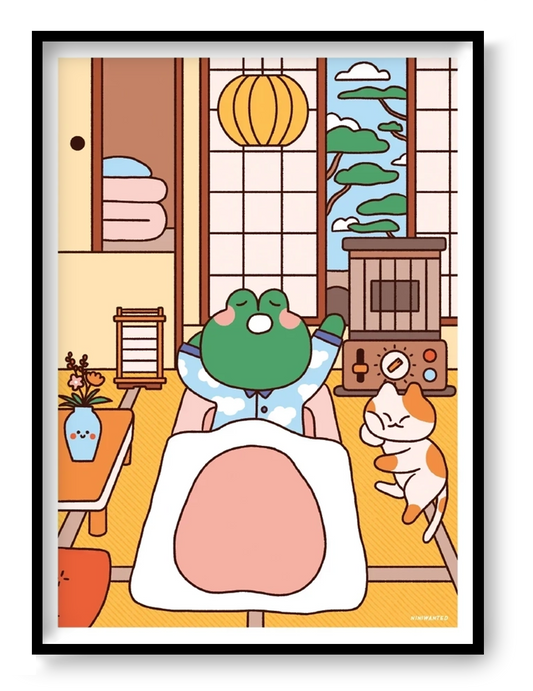 Bobby in Bed by Niniwanted, a colorful A5 digital art print featuring a cute green frog tucked into bed beside a playful cat in a Japanese-style bedroom. Kawaii wall art in soft pastel colors.