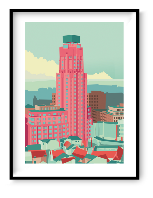 Boerentoren Antwerp illustration by Studio Frits – colorful modern art print of the iconic Art Deco skyscraper in Antwerp, Belgium, architectural wall art in pastel tones, perfect for urban design lovers, available at Galerie Frits