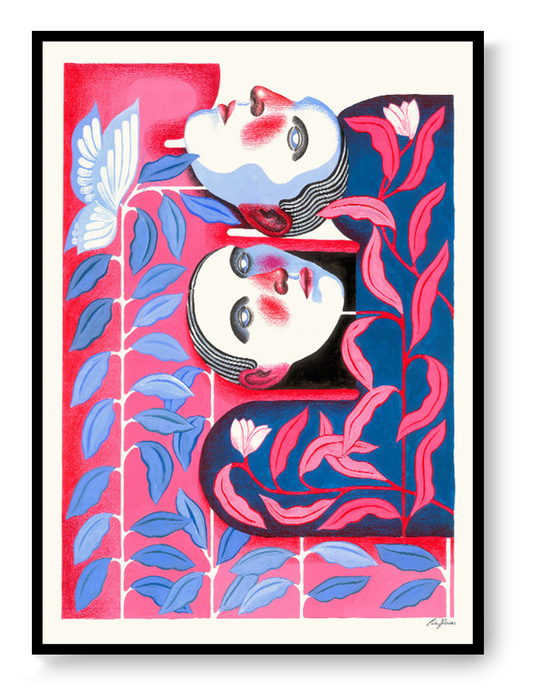 Bonding by Carla Petelski, contemporary figurative digital art print featuring two stylized faces surrounded by pink and blue botanical forms, modern emotional wall art in vibrant colors