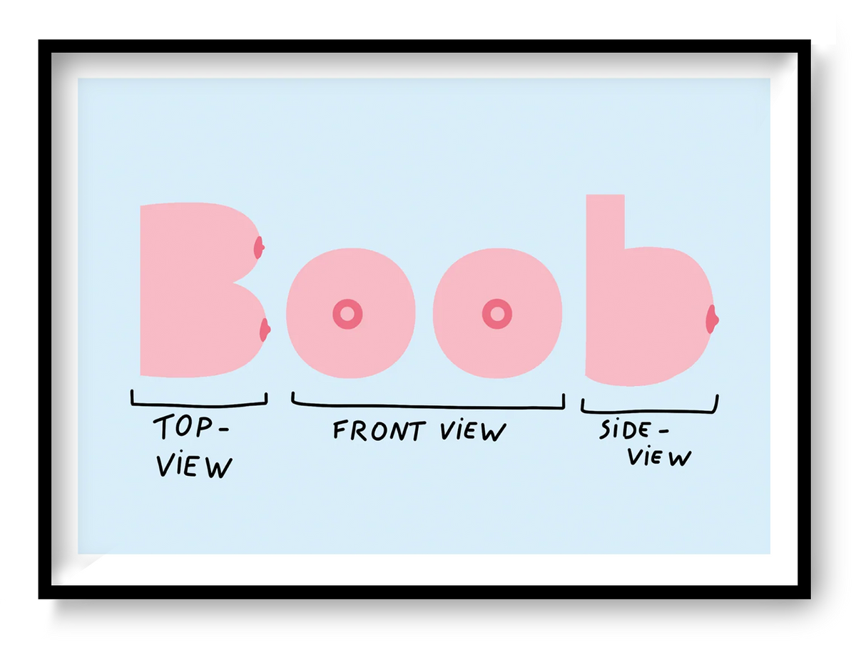 Boob View by Studio Stoutpoep, horizontal digital art print showing humorous pink breast diagrams from top, front and side views on a pale blue background, playful wall art for modern interiors.