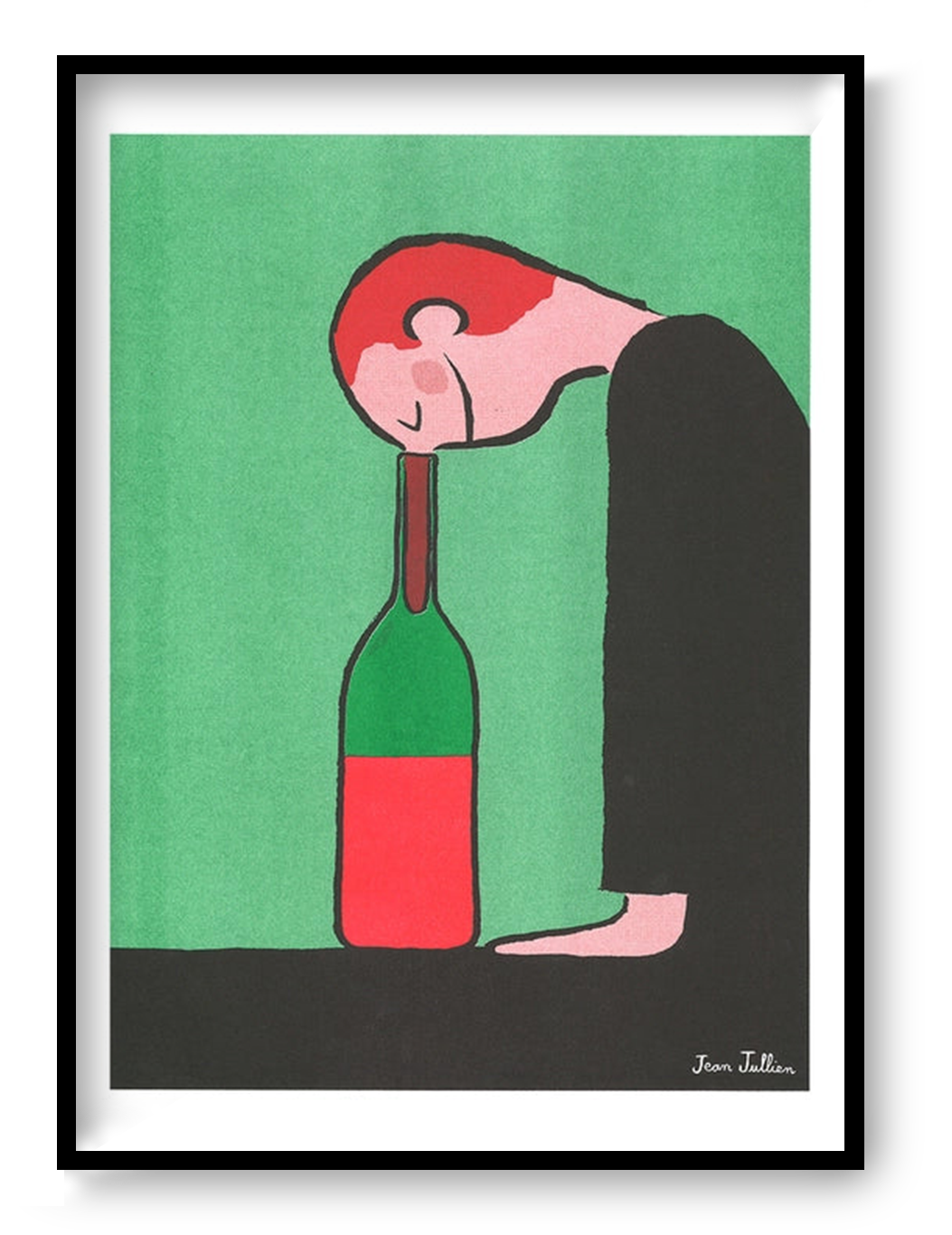 Bottle by Jean Jullien, A3 portrait risograph showing a red-haired figure resting his head on a green bottle, with green, red and black tones, ideal as playful contemporary wall art.
