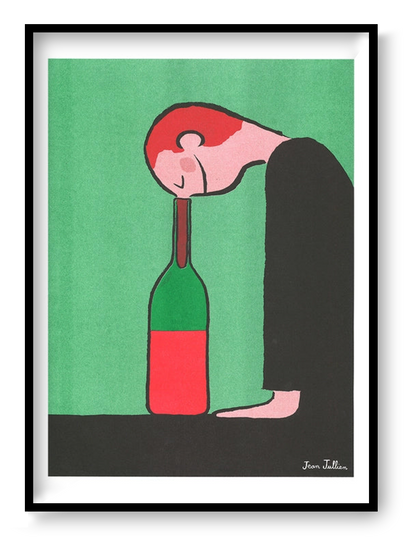 Bottle by Jean Jullien, A3 portrait risograph showing a red-haired figure resting his head on a green bottle, with green, red and black tones, ideal as playful contemporary wall art.