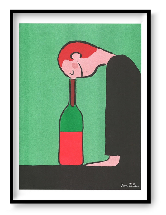 Bottle by Jean Jullien, A3 portrait risograph showing a red-haired figure resting his head on a green bottle, with green, red and black tones, ideal as playful contemporary wall art.