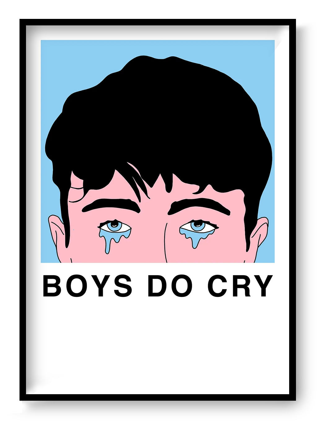 Boys Do Cry by Studio Stoutpoep, vertical A2 risograph print showing a crying dark-haired boy in pink, black and light blue, bold graphic wall art for playful contemporary interiors.
