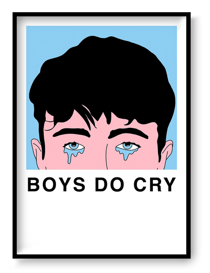 Boys Do Cry by Studio Stoutpoep, vertical A2 risograph print showing a crying dark-haired boy in pink, black and light blue, bold graphic wall art for playful contemporary interiors.