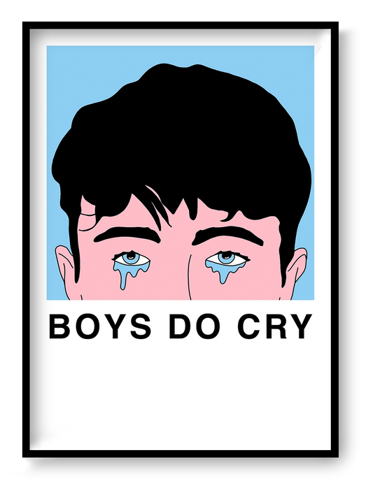 Boys Do Cry by Studio Stoutpoep, vertical A2 risograph print showing a crying dark-haired boy in pink, black and light blue, bold graphic wall art for playful contemporary interiors.