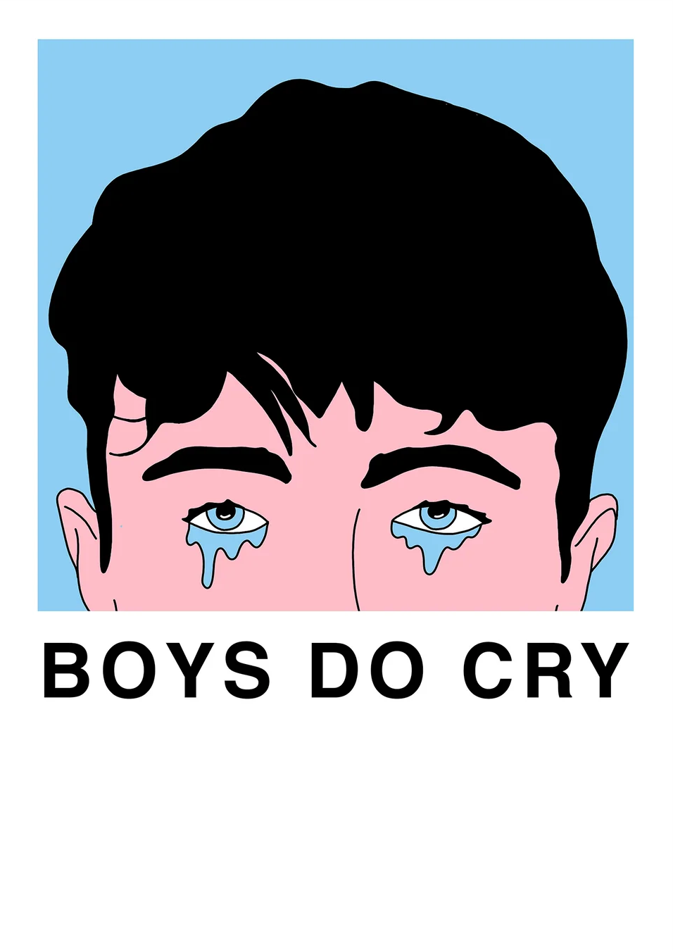 Boys Do Cry by Studio Stoutpoep, vertical A2 risograph print showing a crying dark-haired boy in pink, black and light blue, bold graphic wall art for playful contemporary interiors.