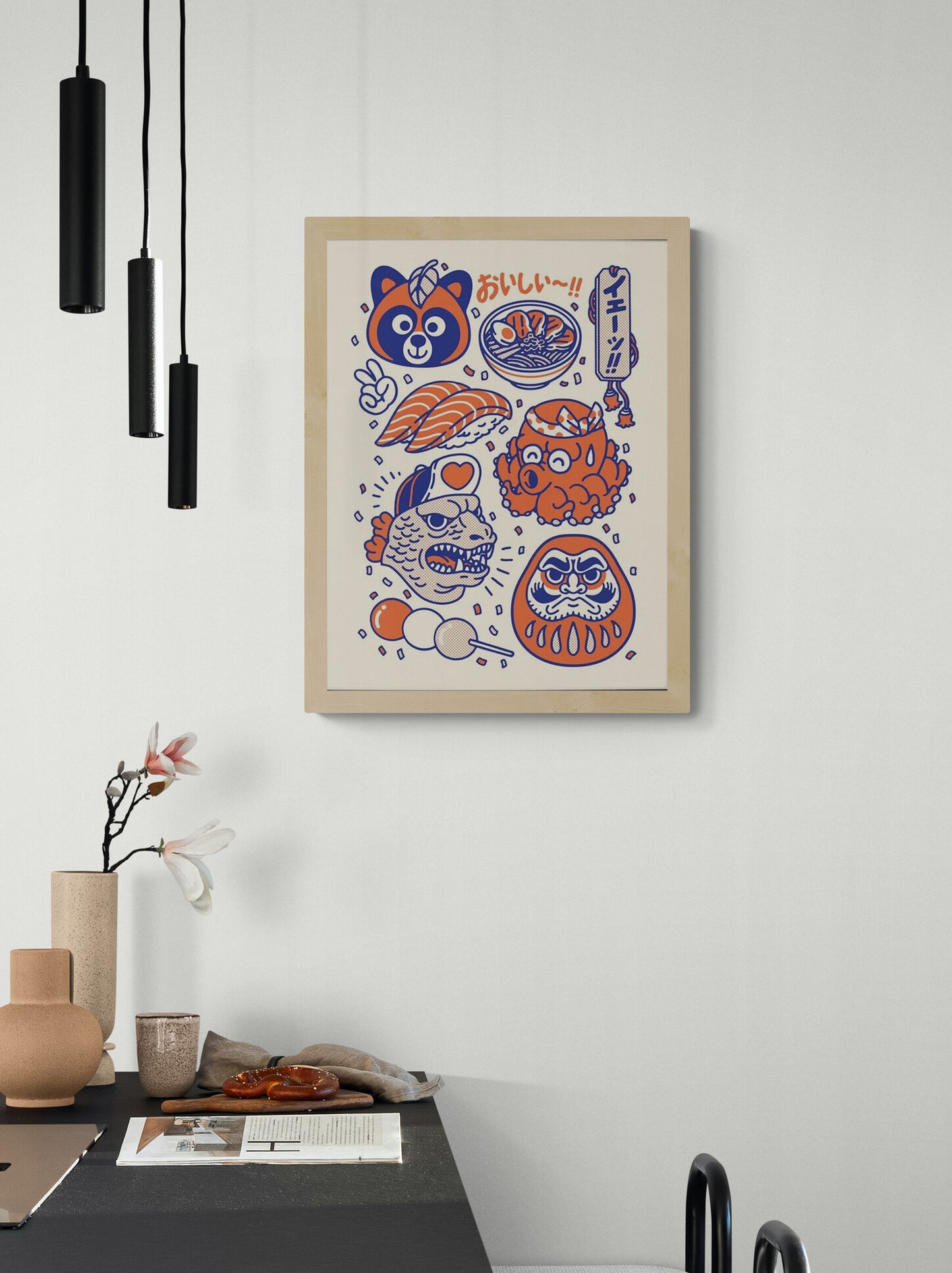 Japanese culture illustration featuring sushi, ramen bowl, daruma doll, octopus, raccoon mascot and traditional Japanese food icons in colorful retro pop art style, 30x40 cm wall art print
