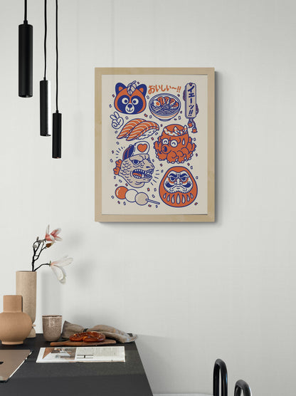 Japanese culture illustration featuring sushi, ramen bowl, daruma doll, octopus, raccoon mascot and traditional Japanese food icons in colorful retro pop art style, 30x40 cm wall art print