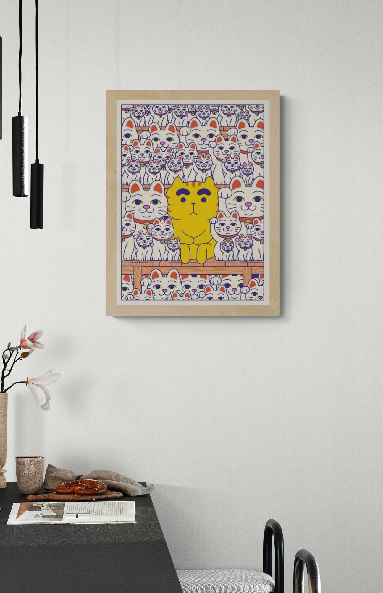 Maneki Neko cat illustration by Yeaaah! Studio featuring a crowd of lucky cats inspired by Gotokuji Temple in Tokyo, colorful Japanese pop art print 30 x 40 cm wall decor