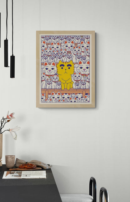 Maneki Neko cat illustration by Yeaaah! Studio featuring a crowd of lucky cats inspired by Gotokuji Temple in Tokyo, colorful Japanese pop art print 30 x 40 cm wall decor