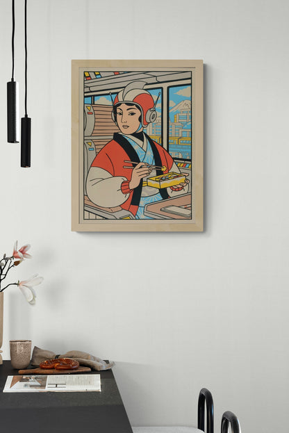 Retro-futurist illustration of a Japanese woman eating lunch on a train, created by Yeaaah! Studio, with Mount Fuji and cityscape in the background – bold graphic print in red, blue, and beige tones.