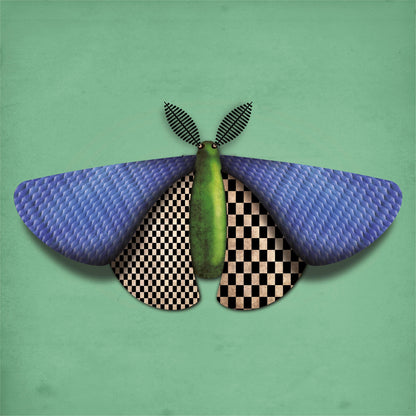 Stylized digital illustration by Studio Frits titled 'Baptiste de Papillon de Nuit,' featuring a geometric moth with textured blue wings, checkered underwings, and a green body set against a vivid teal background. Combining surrealism with modern design, this bold and whimsical insect portrait is perfect for contemporary spaces and fans of unique entomology-inspired art