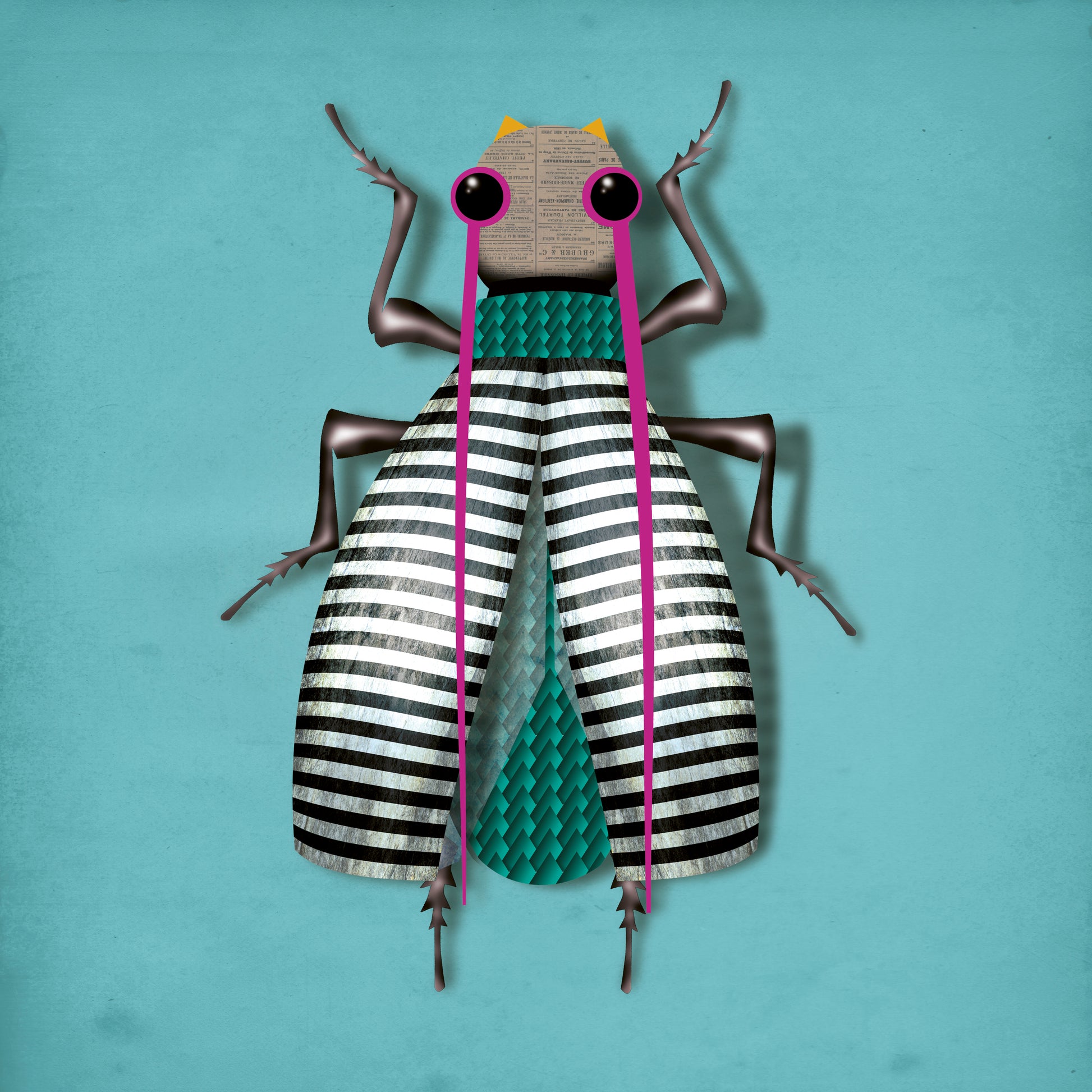 Modern illustration titled 'Carmen In-Secto' by Studio Frits, featuring a whimsical stylized insect with black-and-white striped wings, vibrant pink antennae, and geometric textures on a teal background – unique bug-themed wall art for eclectic interiors, available at Galerie Frits