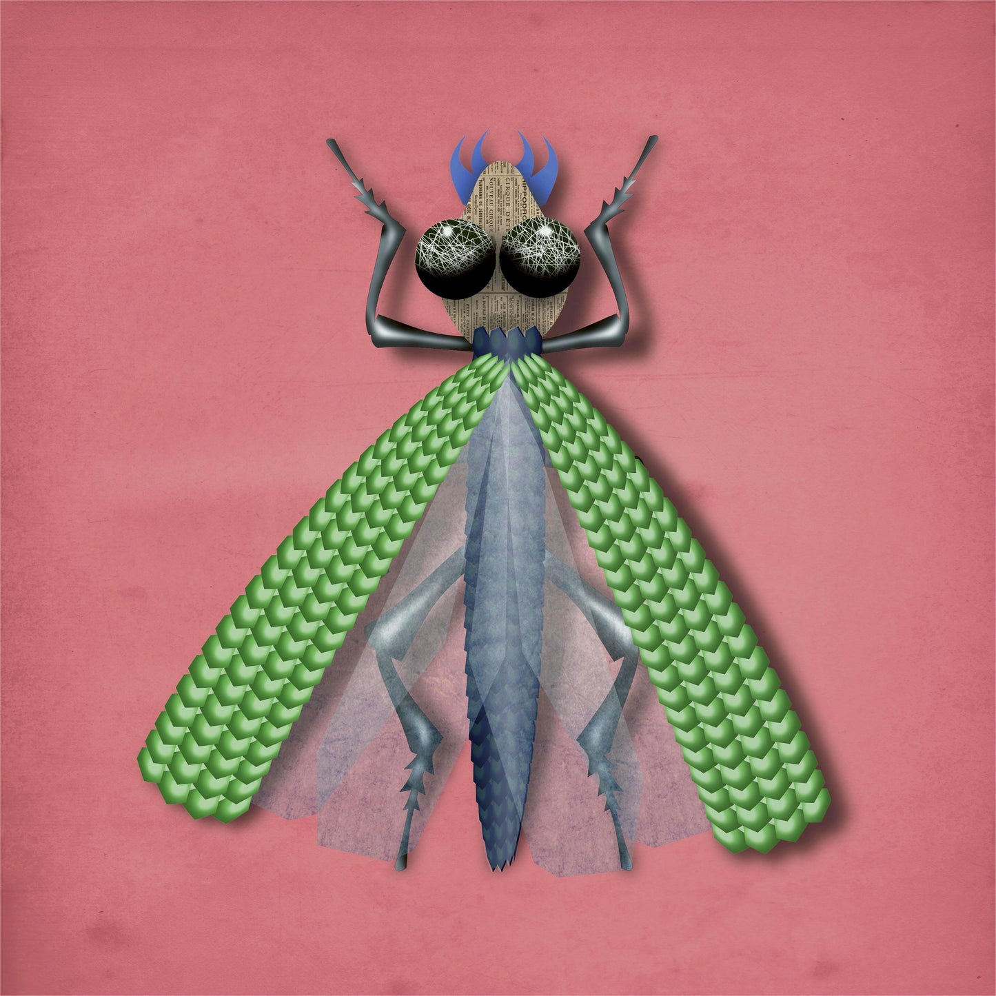 Graphic insect art print by Studio Frits featuring a stylized wasp with green wings on a pink background, modern Belgian illustration.