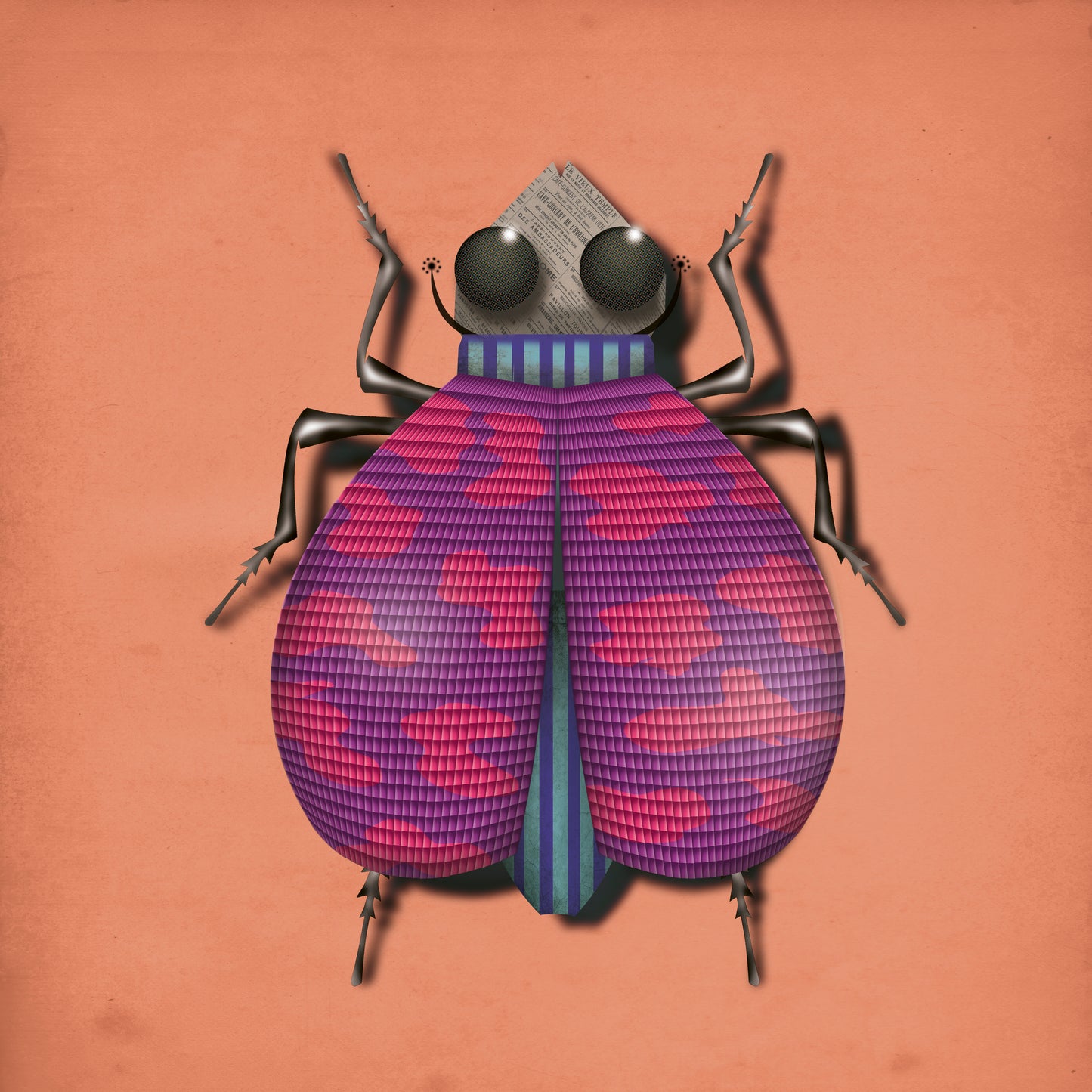 Illustration of a stylized beetle in pink, purple, and teal hues on an orange background, surreal insect wall art by Studio Frits, 30 x 30 cm art print made in Belgium.