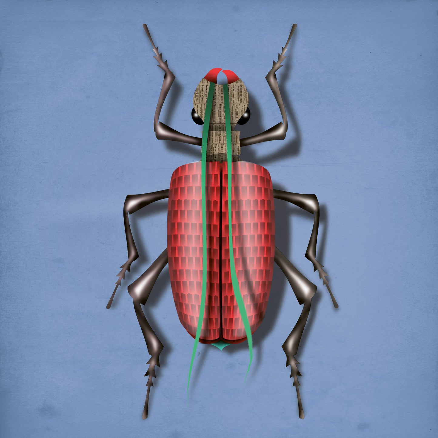 Illustration of a whimsical red beetle with green antennae on a blue background by Belgian artist Gert Paenen – Klaus Käfer art print, 30 x 30 cm.