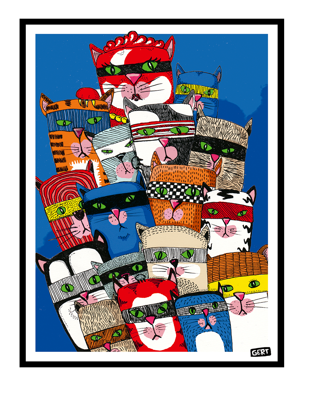 Colorful Cat Gang digital art print by Belgian illustrator Gert Paenen featuring a group of playful masked cats with bright green eyes against a deep blue background, contemporary graphic wall art for modern interiors.