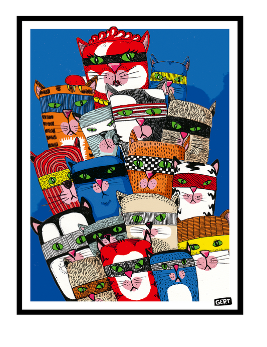 Colorful Cat Gang digital art print by Belgian illustrator Gert Paenen featuring a group of playful masked cats with bright green eyes against a deep blue background, contemporary graphic wall art for modern interiors.