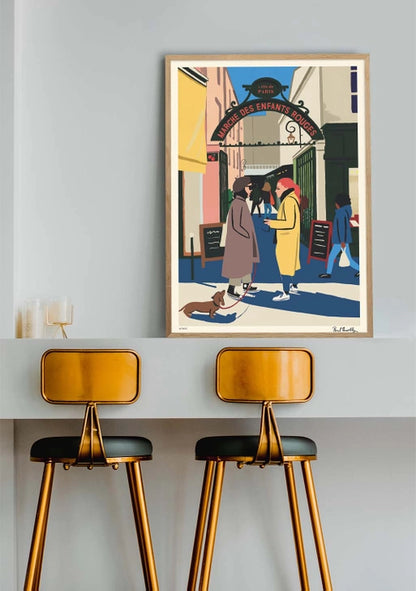 Colorful vintage-style Paris illustration art print of the "Marché des Enfants Rouges" by Paul Thurlby, featuring market visitors, street fashion, and a dachshund in a 50x70 cm fine art format.