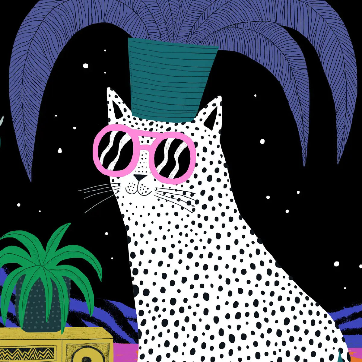 Whimsical illustration titled ‘Chat dans la nuit’ by Dans les Dents, featuring a spotted white cat wearing pink sunglasses, surrounded by tropical plants and a boombox under a starry night sky. Bold, colorful, and playful wall art perfect for eclectic interiors, cat lovers, and contemporary pop art collections—available at Galerie Frits