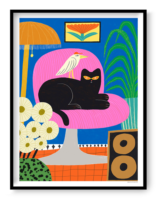 Chill by Dans les Dents, colourful vertical giclée art print of a black cat relaxing on a pink chair with a white bird, blue background, green plants and retro decor. Playful wall art for living rooms.