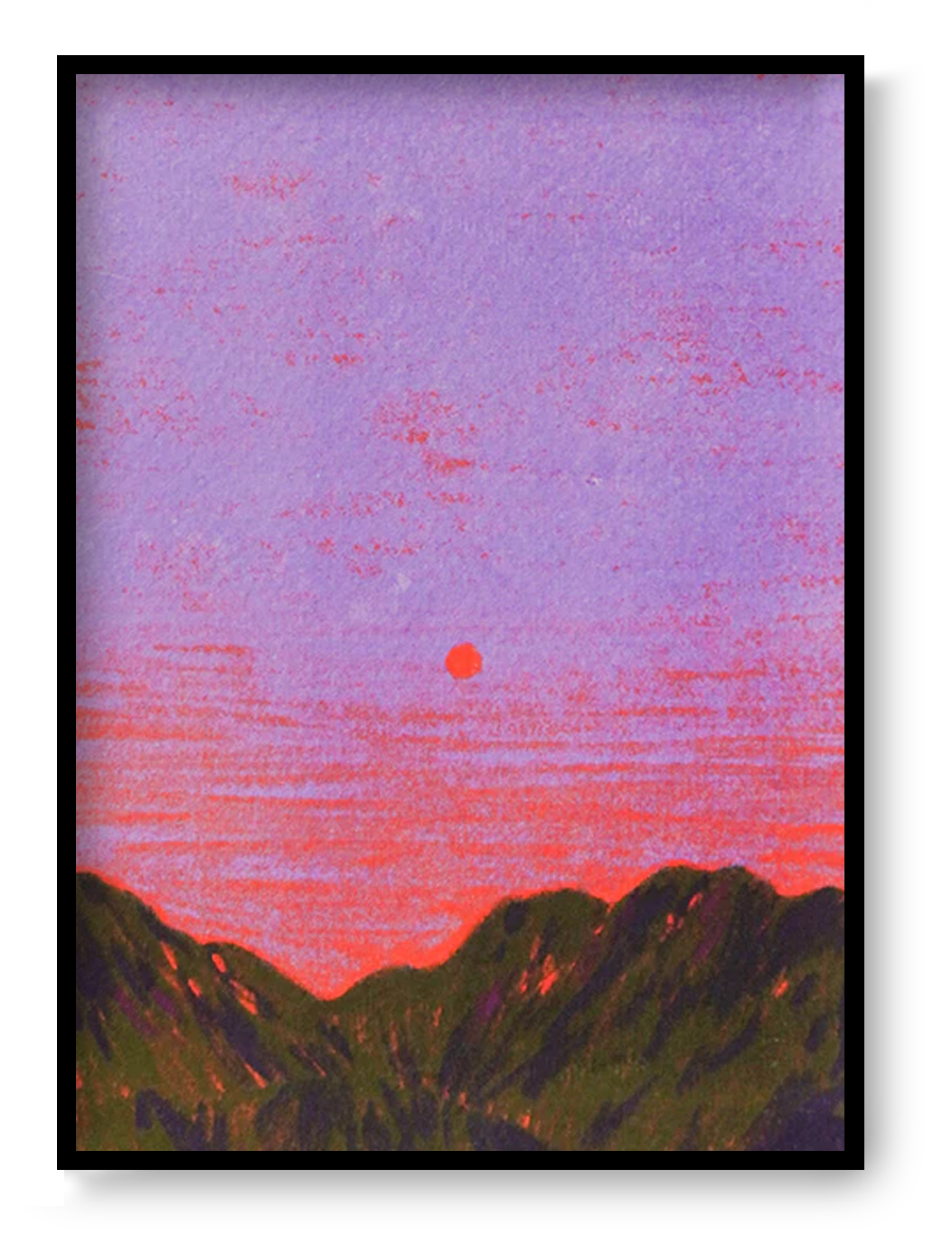 Atmospheric landscape illustration titled ‘China’ by Linde Raats, featuring a minimalist sunset over dark green mountains under a vivid purple and pink sky. This serene and dreamy art print captures the tranquility of dusk with a bold, contemporary color palette—perfect wall decor for lovers of modern travel art, Asian landscapes, and minimal aesthetic prints, available at Galerie Frits