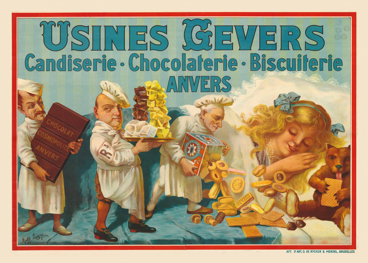 Vintage Chocolade Gevers advertising poster by Raff Lagye featuring Antwerp confectioners, chocolate, biscuits and bright red, blue and yellow tones in a horizontal digital print for kitchen or dining room wall art.