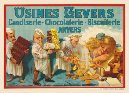 Vintage Chocolade Gevers advertising poster by Raff Lagye featuring Antwerp confectioners, chocolate, biscuits and bright red, blue and yellow tones in a horizontal digital print for kitchen or dining room wall art.