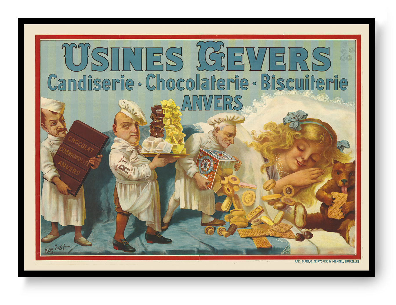 Vintage Chocolade Gevers advertising poster by Raff Lagye featuring Antwerp confectioners, chocolate, biscuits and bright red, blue and yellow tones in a horizontal digital print for kitchen or dining room wall art.