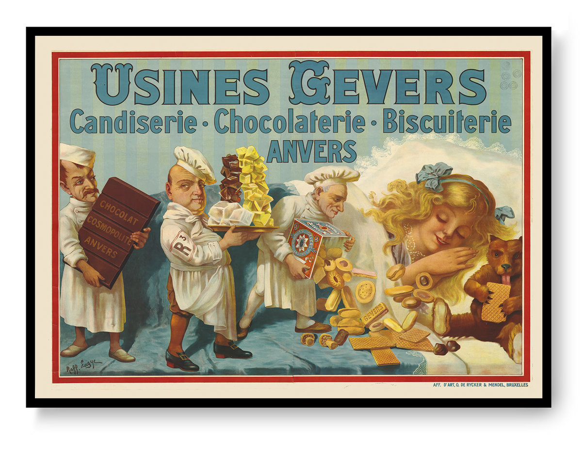 Vintage Chocolade Gevers advertising poster by Raff Lagye featuring Antwerp confectioners, chocolate, biscuits and bright red, blue and yellow tones in a horizontal digital print for kitchen or dining room wall art.