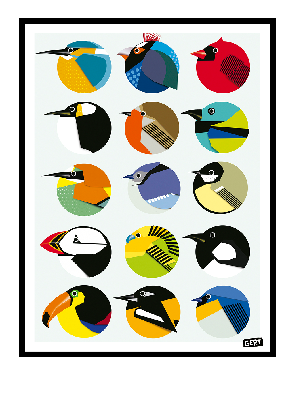 Circle Birds by Gert Paenen, colorful geometric bird illustration art print featuring 15 stylized birds inside circular compositions, modern graphic wall art print for contemporary interiors and design lovers
