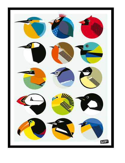 Circle Birds by Gert Paenen, colorful geometric bird illustration art print featuring 15 stylized birds inside circular compositions, modern graphic wall art print for contemporary interiors and design lovers