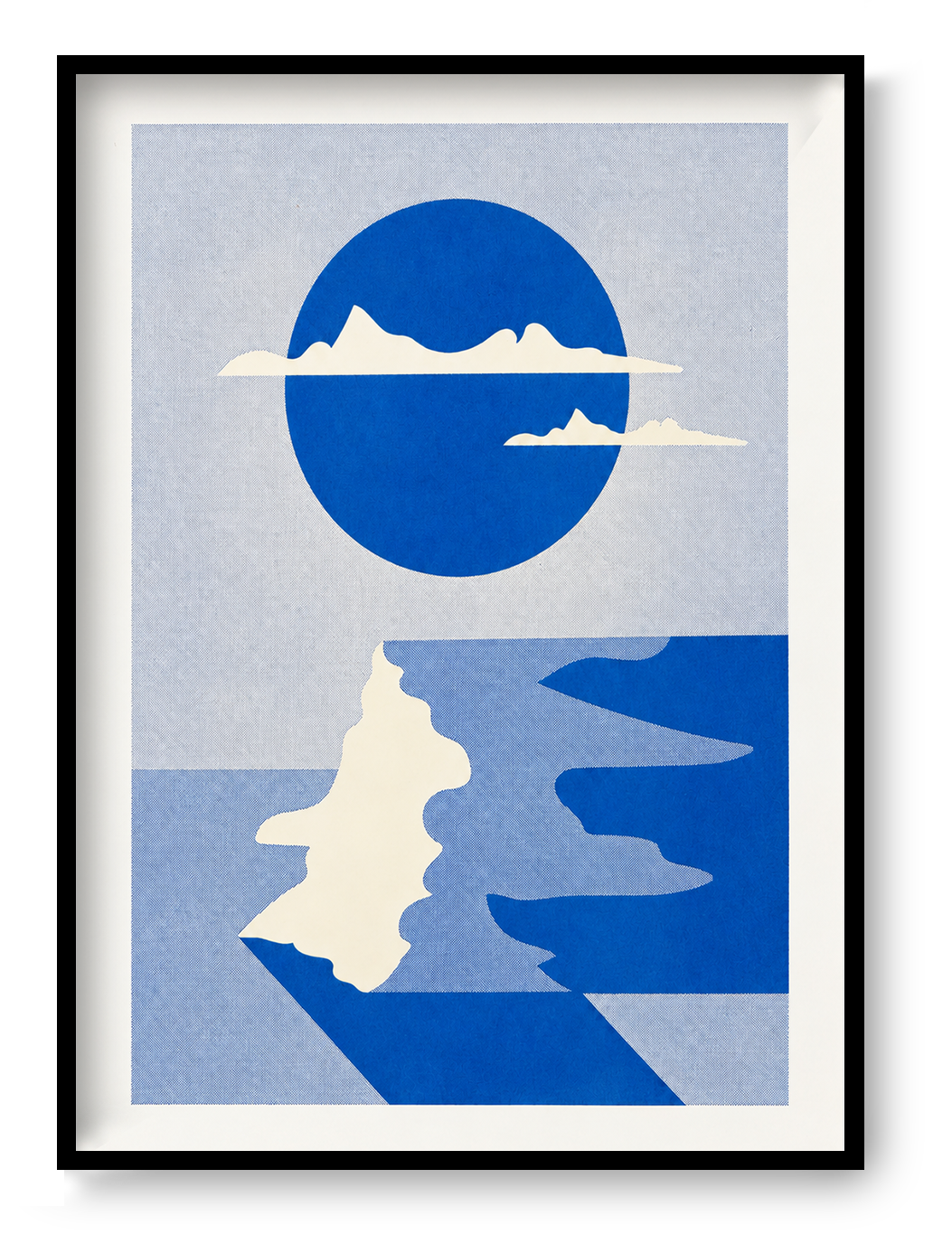 Vertical risograph art print by PTRVRKD featuring an abstract coastal cliff landscape, a large cobalt blue circle, cream mountain silhouettes and winding blue water. Minimalist geometric wall art in textured blue tones.