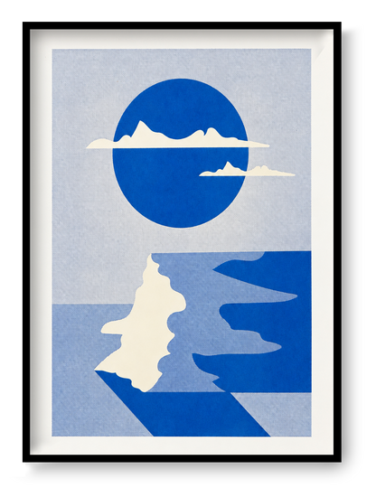 Vertical risograph art print by PTRVRKD featuring an abstract coastal cliff landscape, a large cobalt blue circle, cream mountain silhouettes and winding blue water. Minimalist geometric wall art in textured blue tones.
