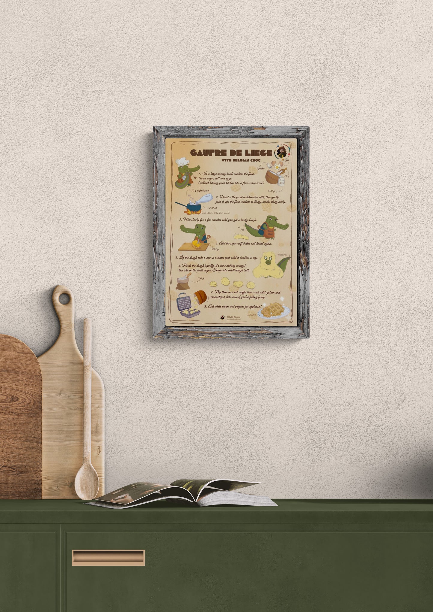 Illustrated recipe poster for Liège waffles by Giu Watercolor featuring playful characters and step-by-step waffle recipe in a whimsical kitchen illustration style.